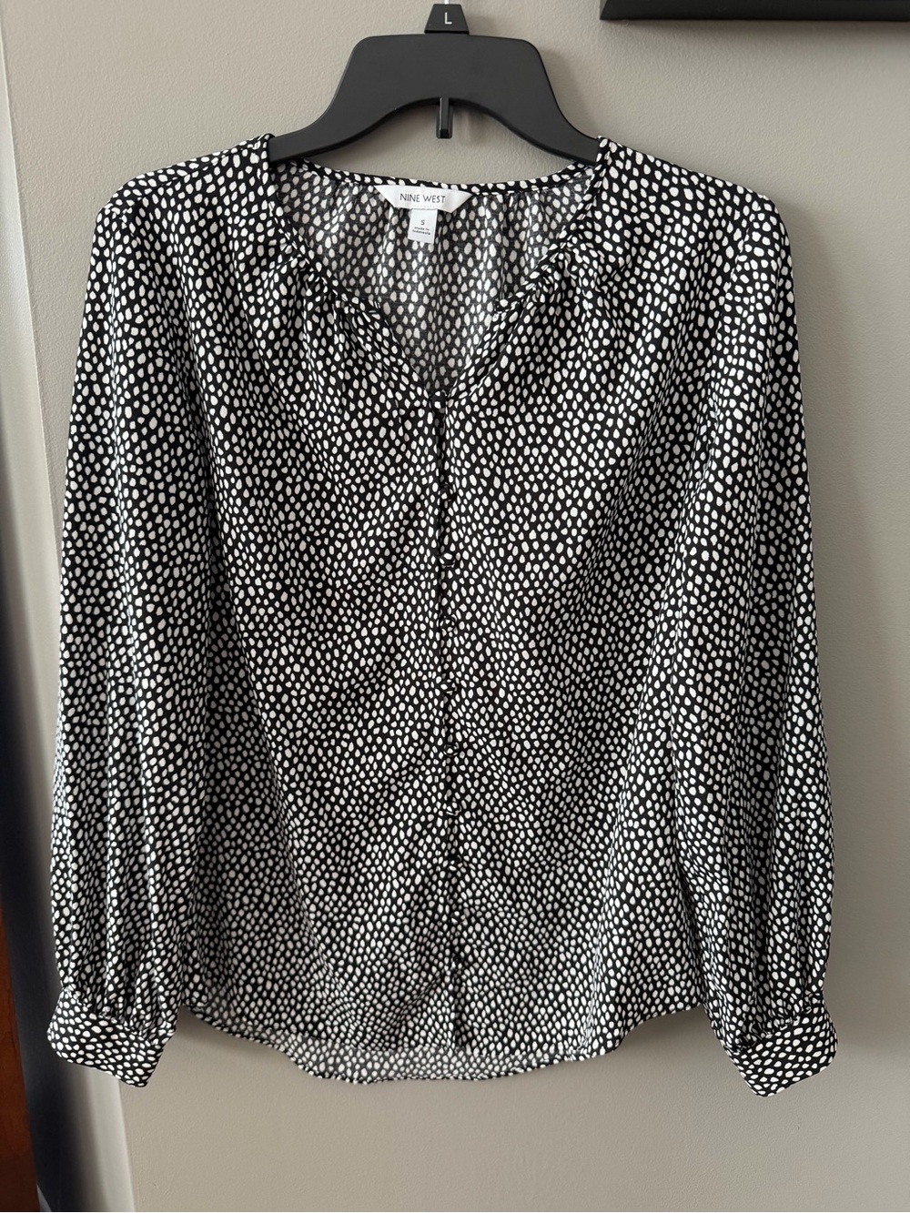 Nine West Black & White Dot-Print Button Blouse